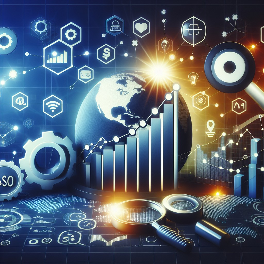 Image stylisée représentant des graphiques de croissance SEO et des icônes de moteurs de recherche.