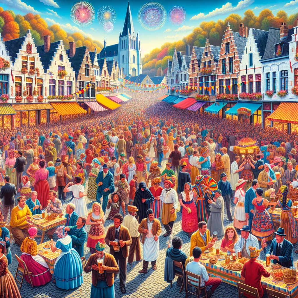 Image colorée et festive représentant un événement culturel en Wallonie avec des foules vibrantes et des décors typiques.
