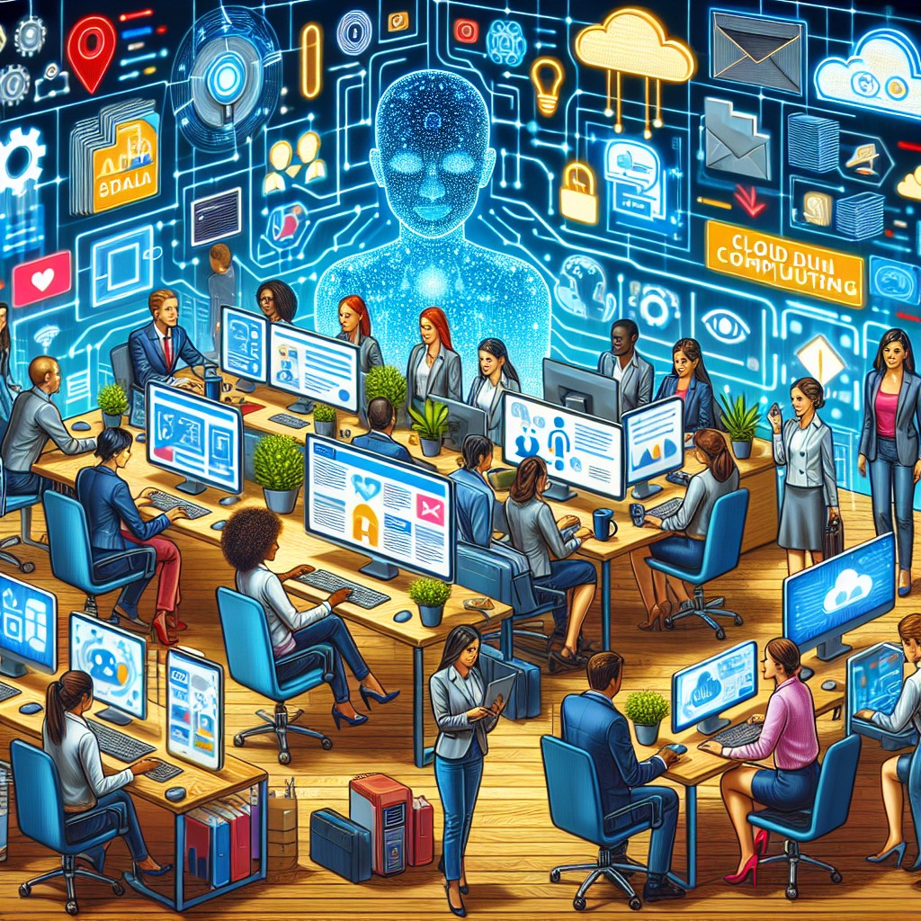 Image représentant la transformation numérique avec des PME interagissant avec des technologies modernes et des clients en ligne.