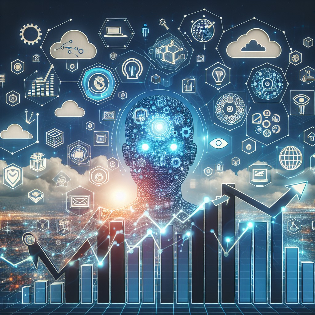 Image représentant l'essor de la transformation numérique en 2024, avec des icônes de technologies modernes et des graphiques de croissance.