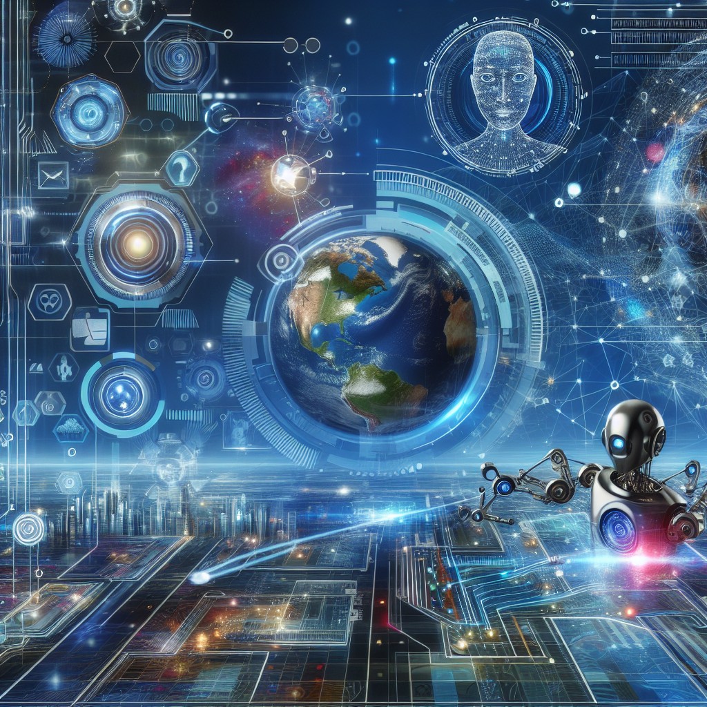 Une illustration futuriste représentant les technologies numériques émergeantes de 2024, intégrant intelligence artificielle, réalité augmentée et automatisation.