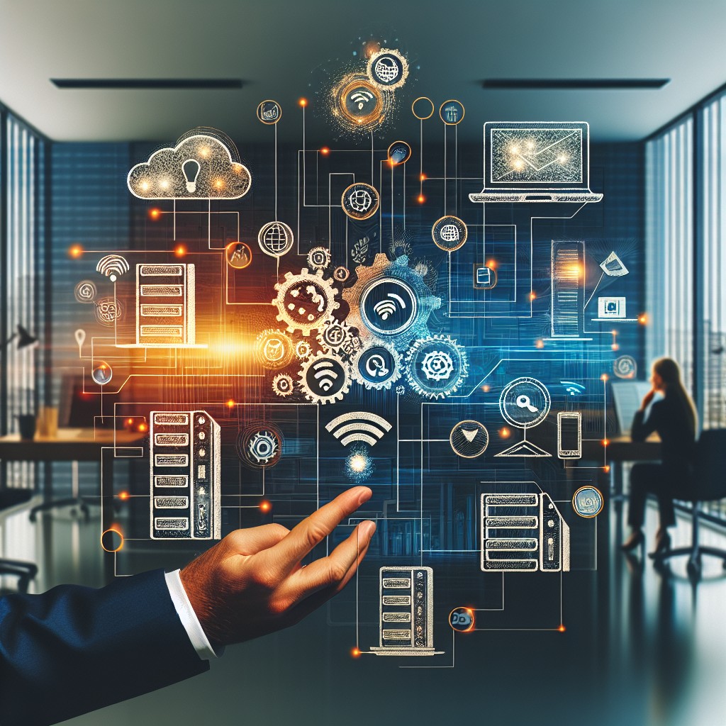 Une entreprise symbolisant la transformation numérique, illustrée avec des icônes de technologie et de connectivité.
