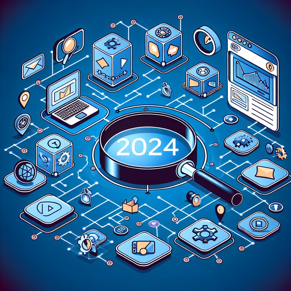 Couverture montrant l'importance du SEO vidéo en 2024 avec des icônes de moteur de recherche et vidéos.