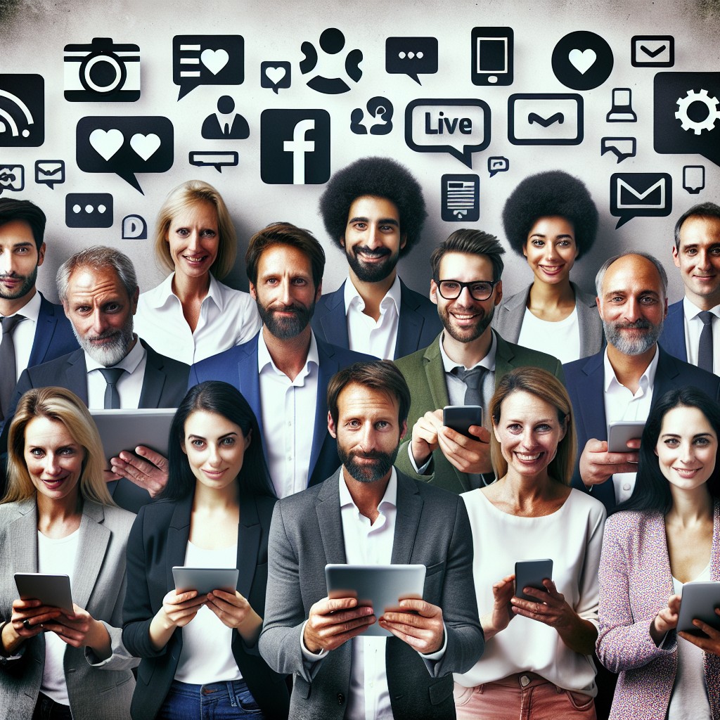 Un groupe de professionnels belges utilisant divers appareils numériques pour se connecter et partager sur les réseaux sociaux, symbolisant l'importance de la présence en ligne pour les entreprises.