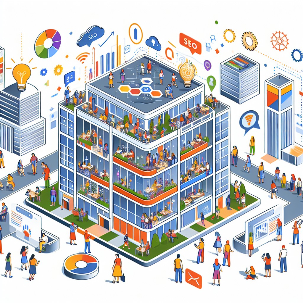 Illustration représentant la transformation digitale des PME, avec des éléments comme SEO, réseaux sociaux, et analyse de données.