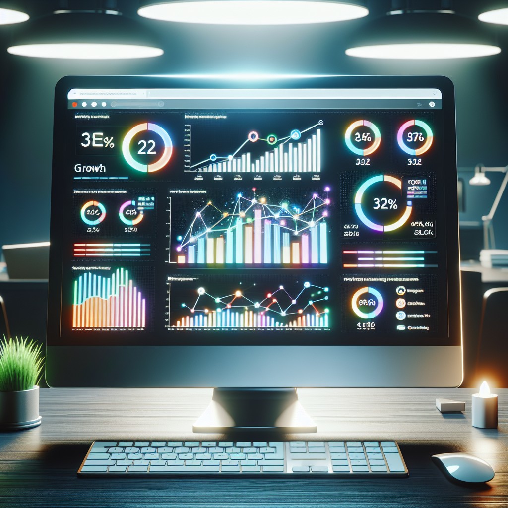 Un écran d'ordinateur affichant des statistiques de SEO avec des indicateurs de croissance, illustrant les succès d'une stratégie d'optimisation SEO pour le e-commerce.