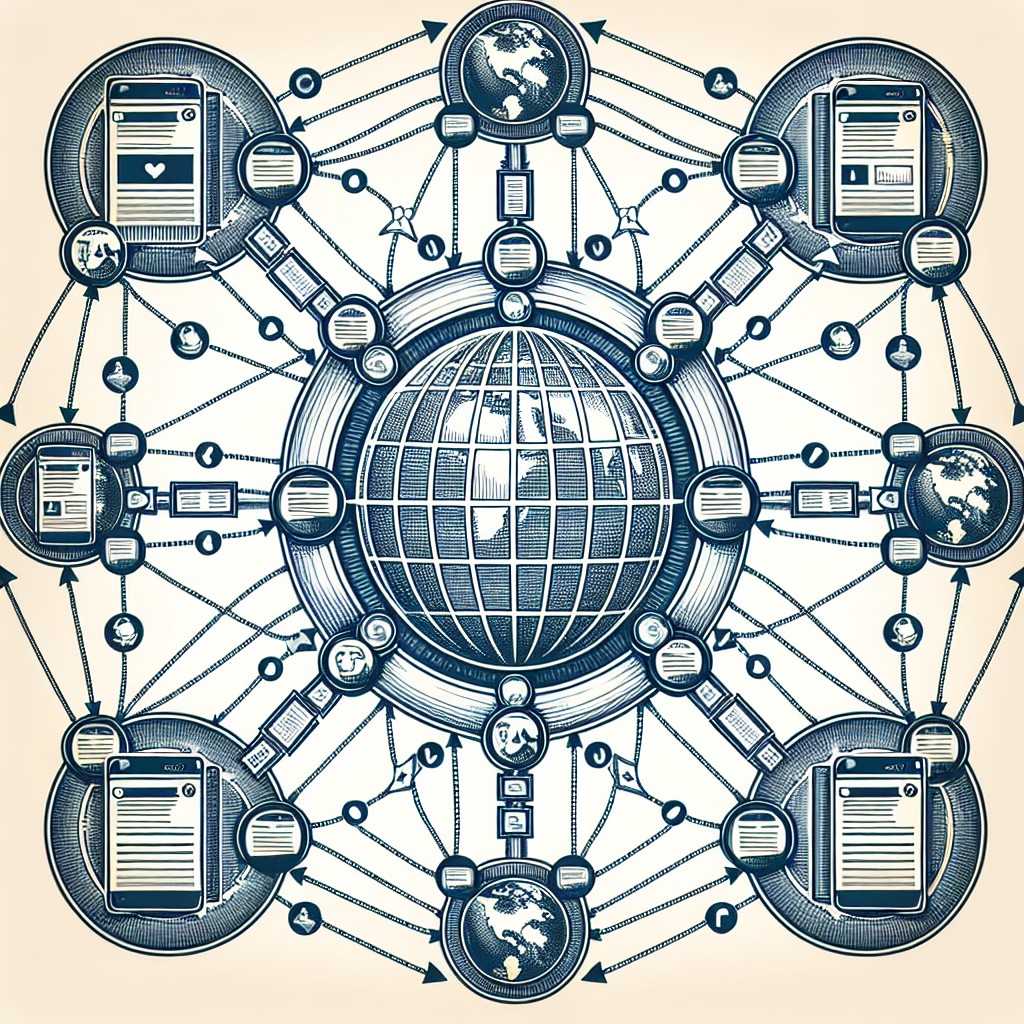 Un graphique montrant un site web connectant avec plusieurs autres sites via des liens, illustrant le concept de netlinking.