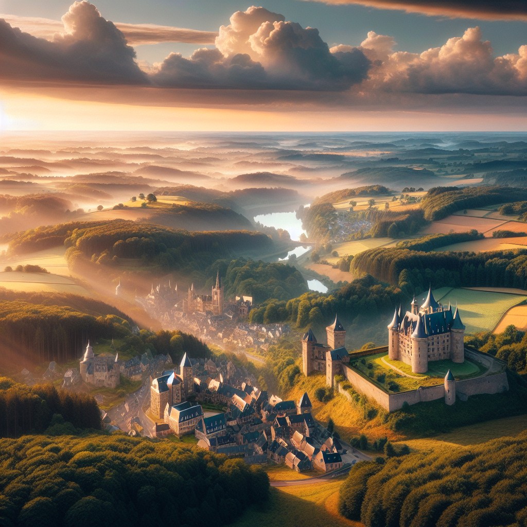 Belle vue panoramique des paysages variés de la Wallonie, incluant châteaux, forêts et festivités locales.