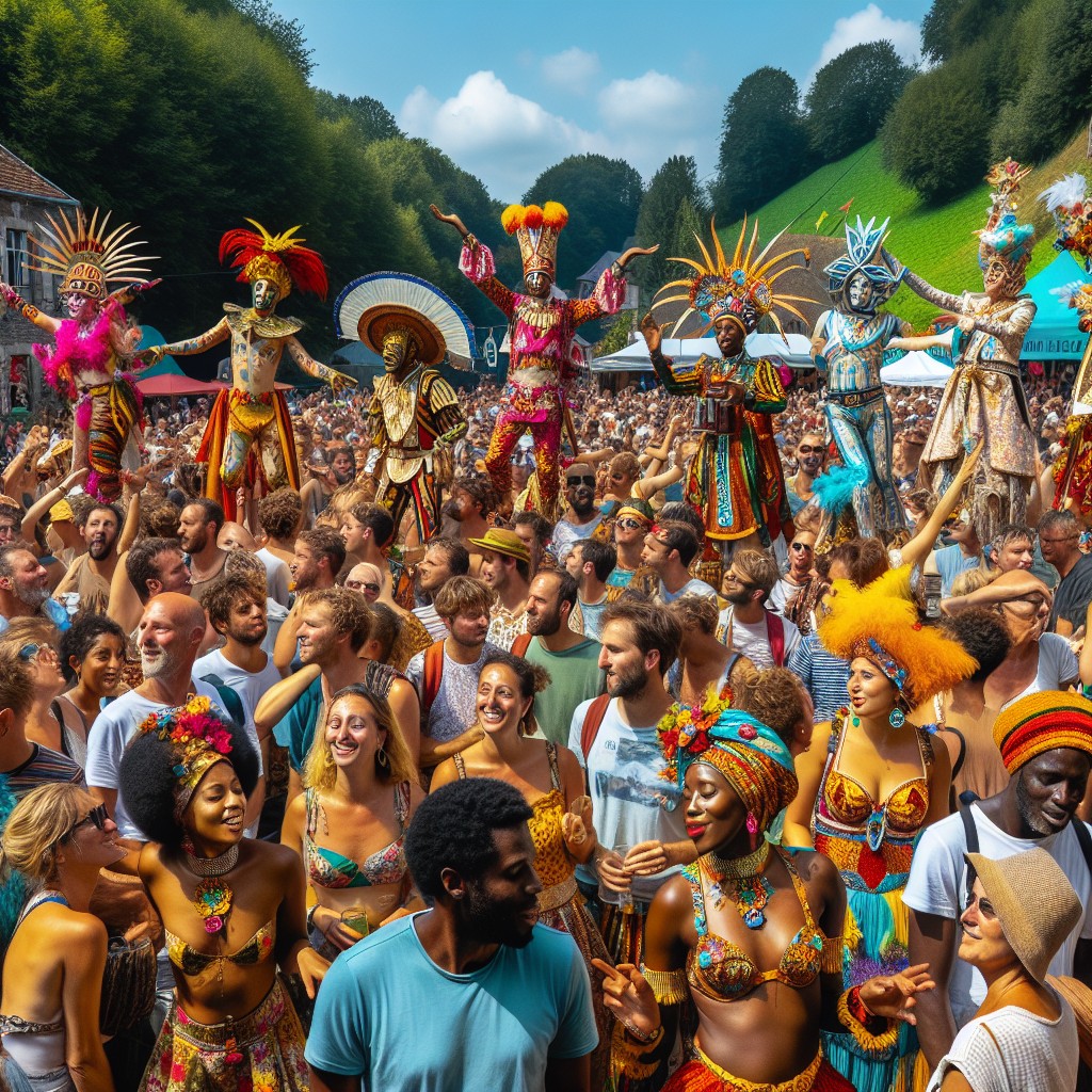 Découvrez une scène festive en plein air en Wallonie avec un public enthousiaste, des artistes et une ambiance estivale.