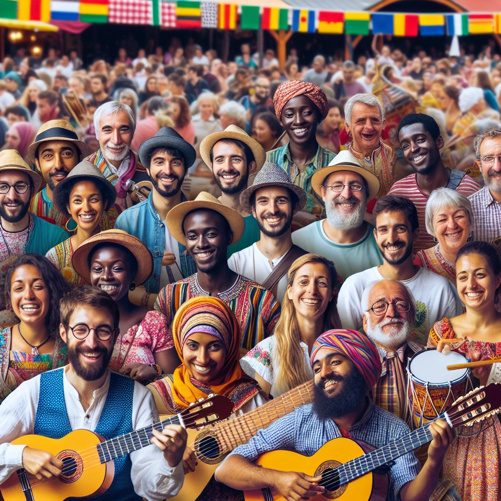 Festivals colorés en Wallonie avec foule joyeuse et musiciens en août