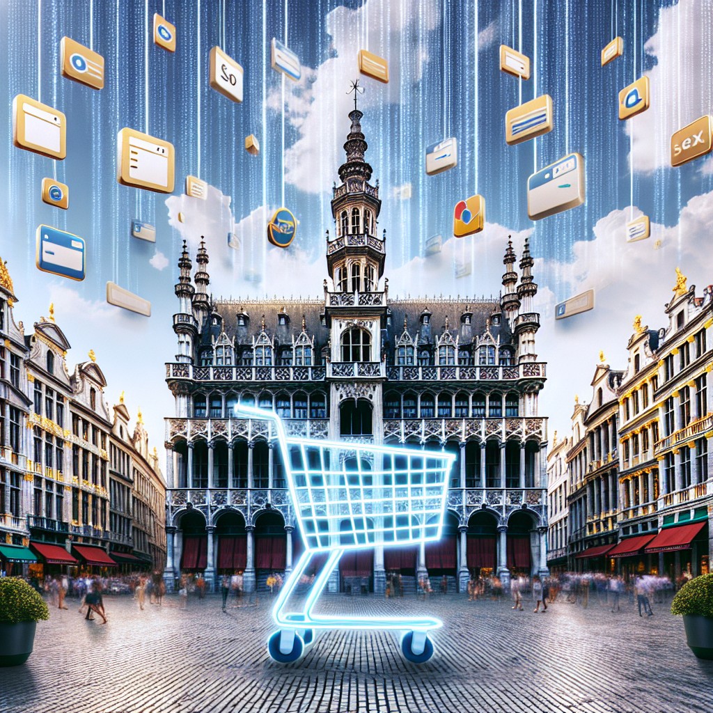 Une image de la Grand-Place de Bruxelles avec des éléments représentant le commerce en ligne et le SEO.