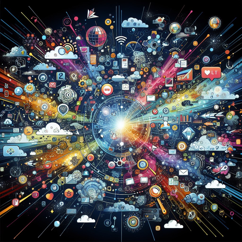 Une illustration dynamique représentant divers aspects de la visibilité en ligne avec des graphiques, réseaux sociaux et technologies modernes.
