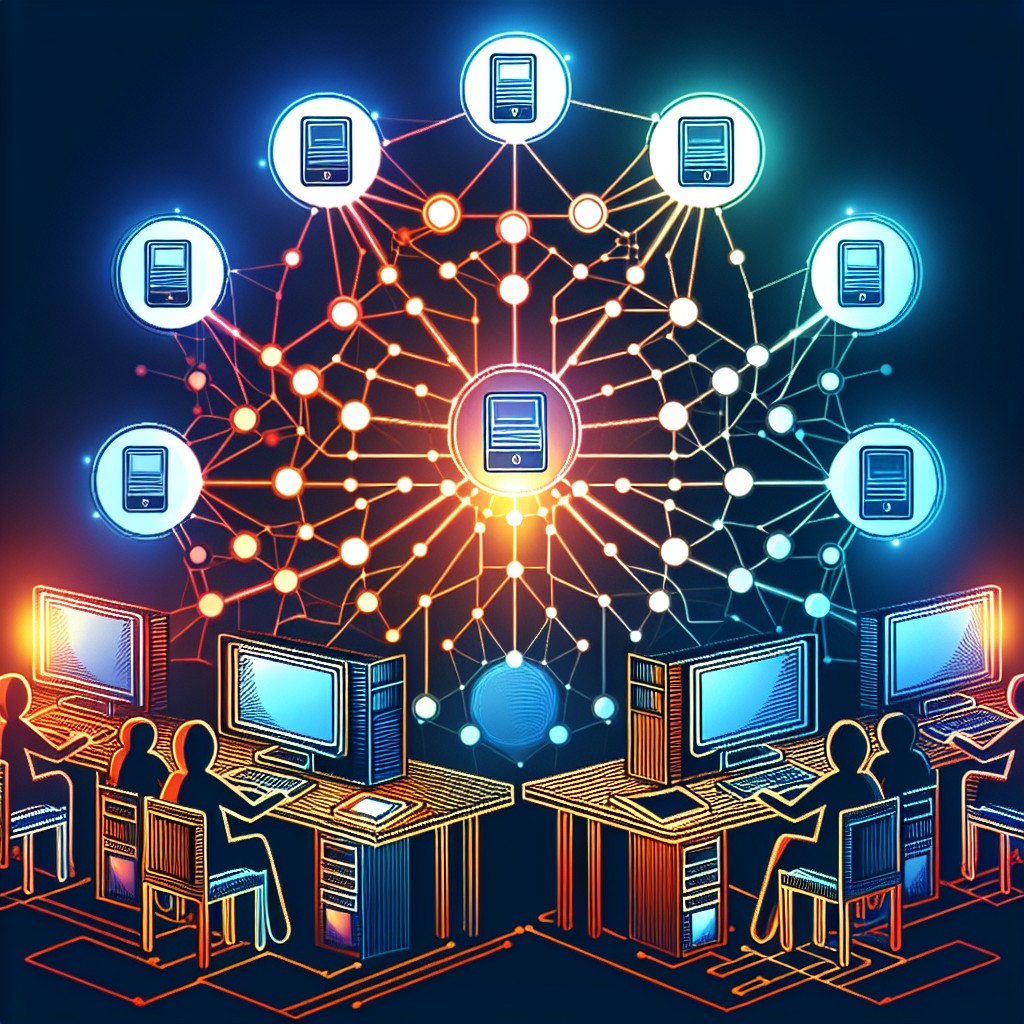 Illustration stylisée d'ordinateurs connectés par des lignes lumineuses, symbolisant des backlinks sur le web.