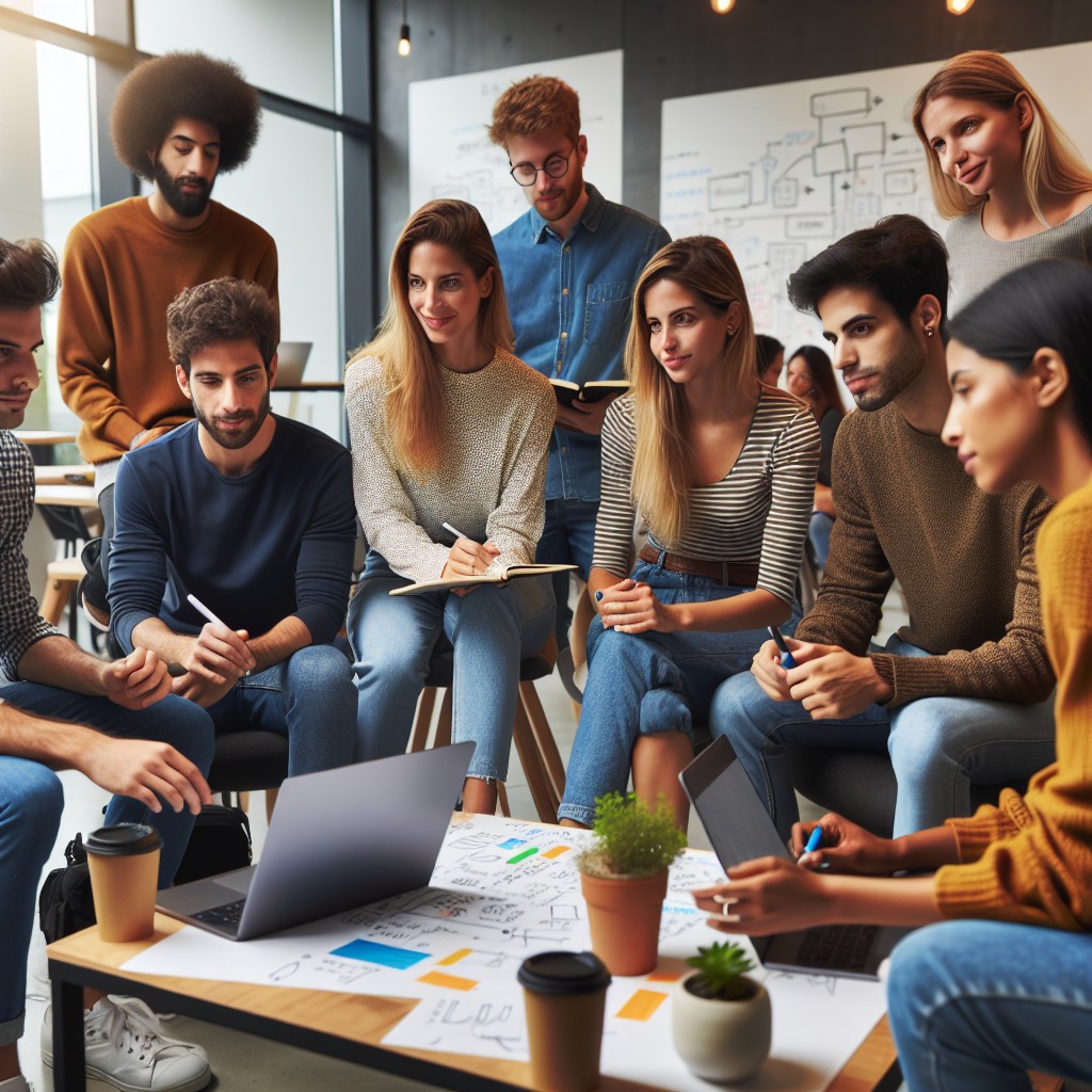Image montrant un groupe diversifié de jeunes entrepreneurs travaillant ensemble dans un espace de coworking moderne et innovant en Belgique.