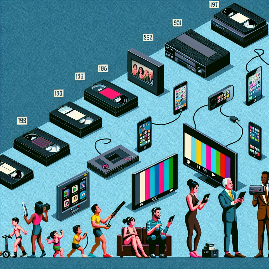 Une image montrant l'évolution de la consommation de médias, du visionnage de cassettes vidéos à la diffusion en streaming sur des appareils modernes.
