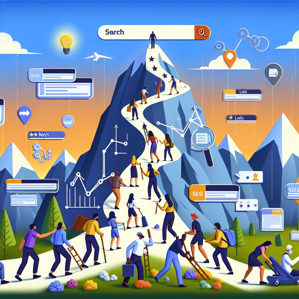 Image illustrant des PME poussant un site web vers le sommet des résultats de recherche, avec des graphiques SEO et des éléments numériques.