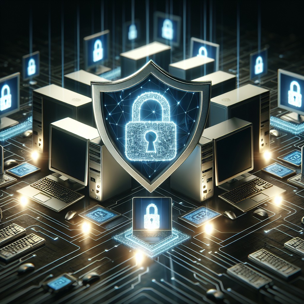 Ordinateurs protégés par des verrous numériques représentant la cybersécurité.
