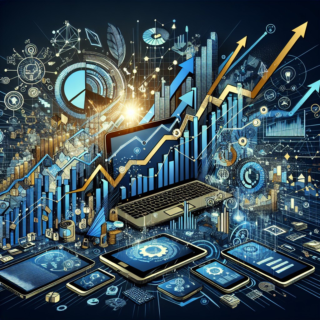 Une illustration dynamique représentant la croissance de l'E-commerce en Wallonie, avec des éléments numériques et des graphiques de hausse des ventes.