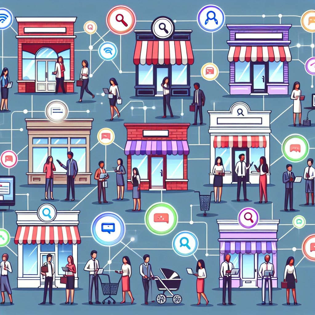 Illustration de petites entreprises se connectant au monde en ligne grâce au SEO.