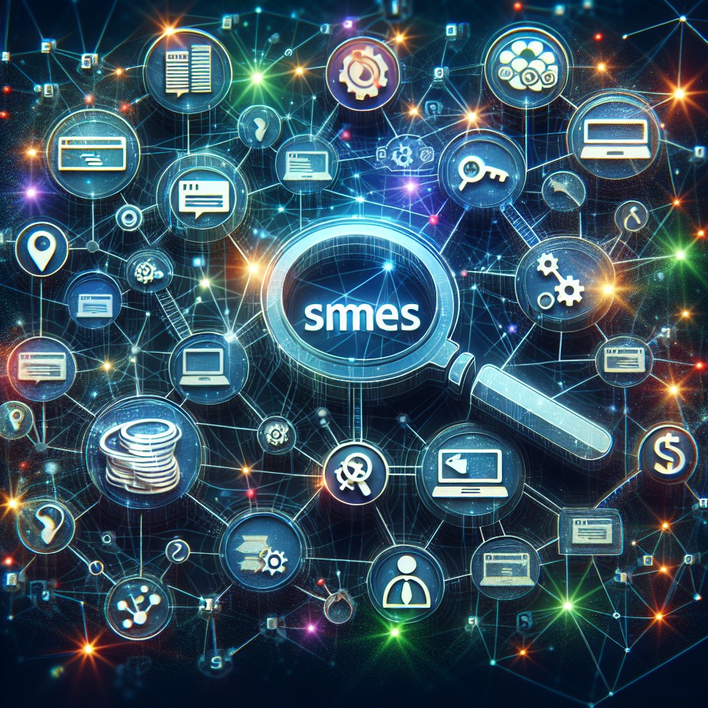 Vue créative d'un moteur de recherche avec des icônes de mots-clés et des PME connectées.