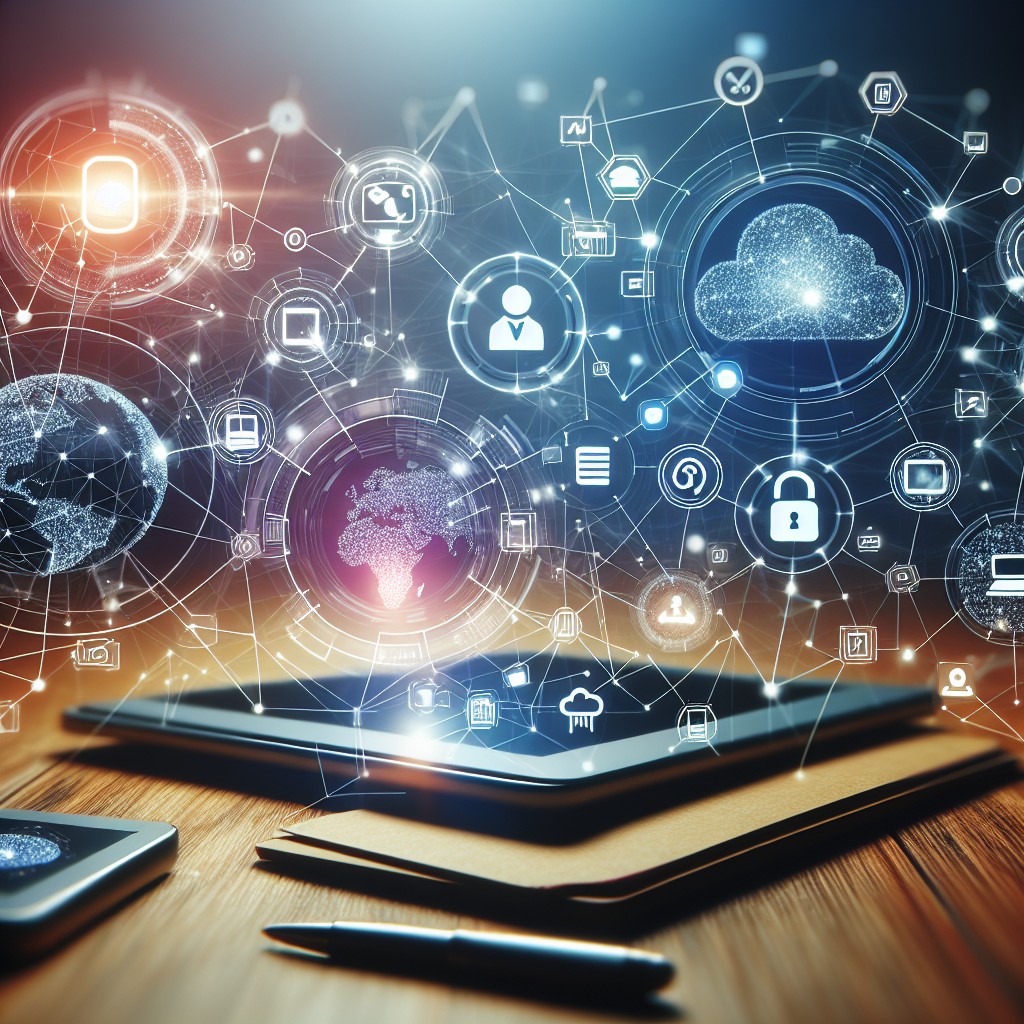Une image moderne avec des icônes de réseau, symbolisant la connectivité en ligne et l'impact digital pour les entreprises.