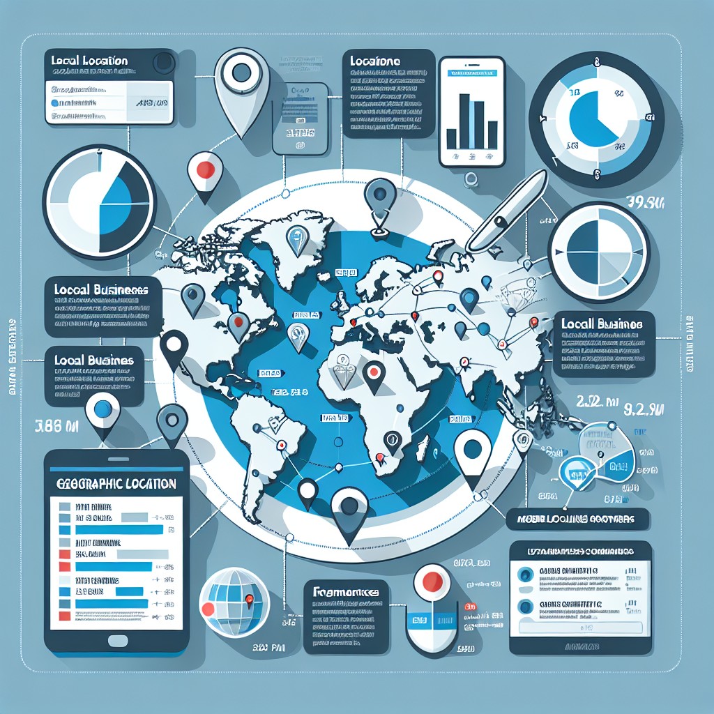 Un graphique représentant l'importance de la localisation géographique dans le référencement en ligne, avec des entreprises locales connectant avec des clients mobiles.