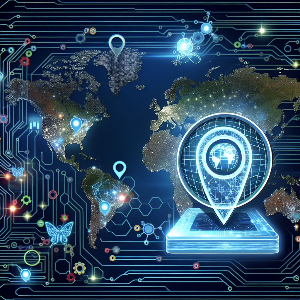 Illustration de la transformation du SEO local par l'intelligence artificielle, montrant la connexion entre une carte géographique et des circuits informatiques.