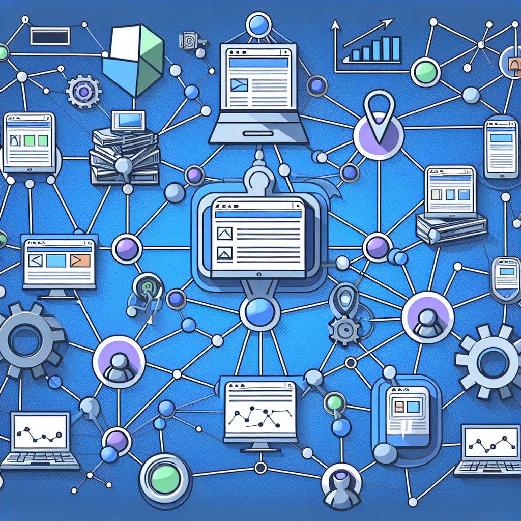 Illustration montrant un réseau de backlinks connectant divers sites web, symbolisant l'importance et la complexité du SEO.