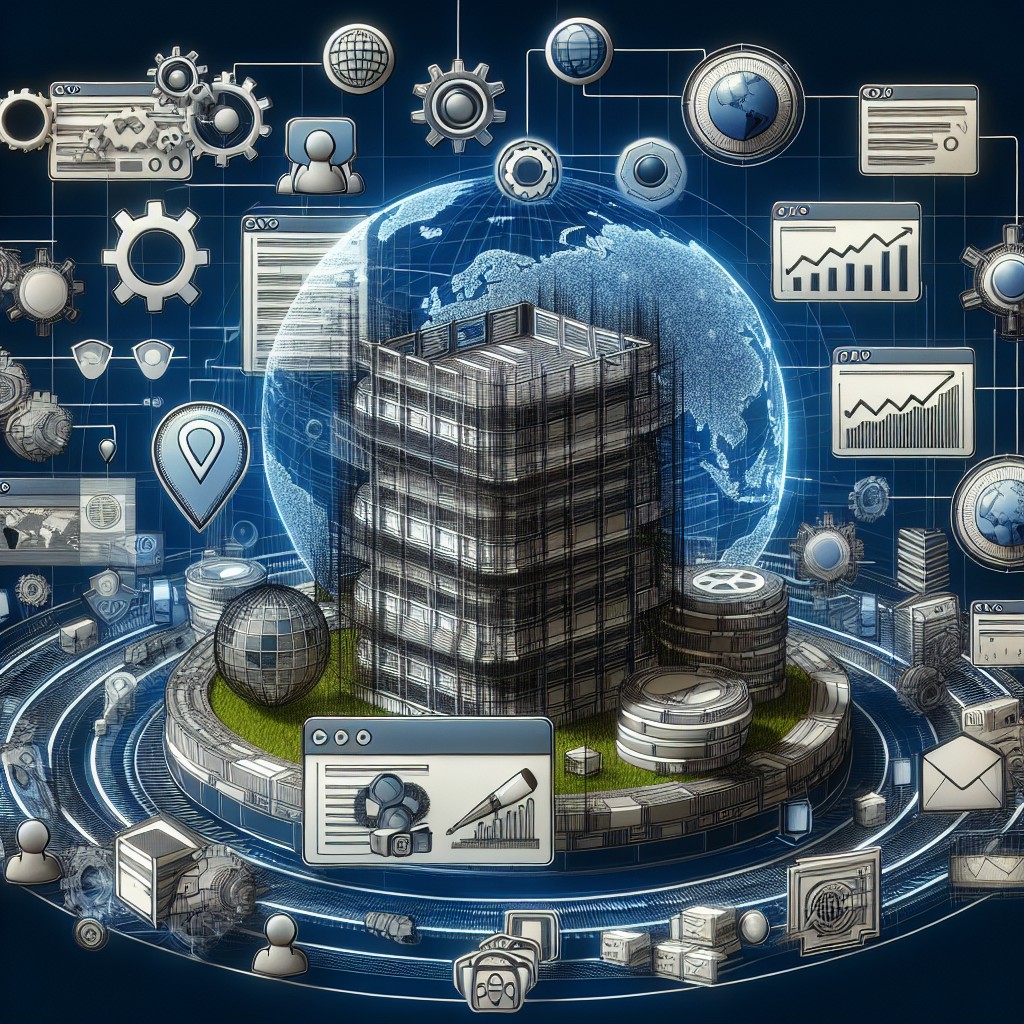 Une illustration dynamique représentant divers aspects du SEO technique, incluant des éléments comme une architecture de site, des graphiques de performances web et des icônes de sécurité.