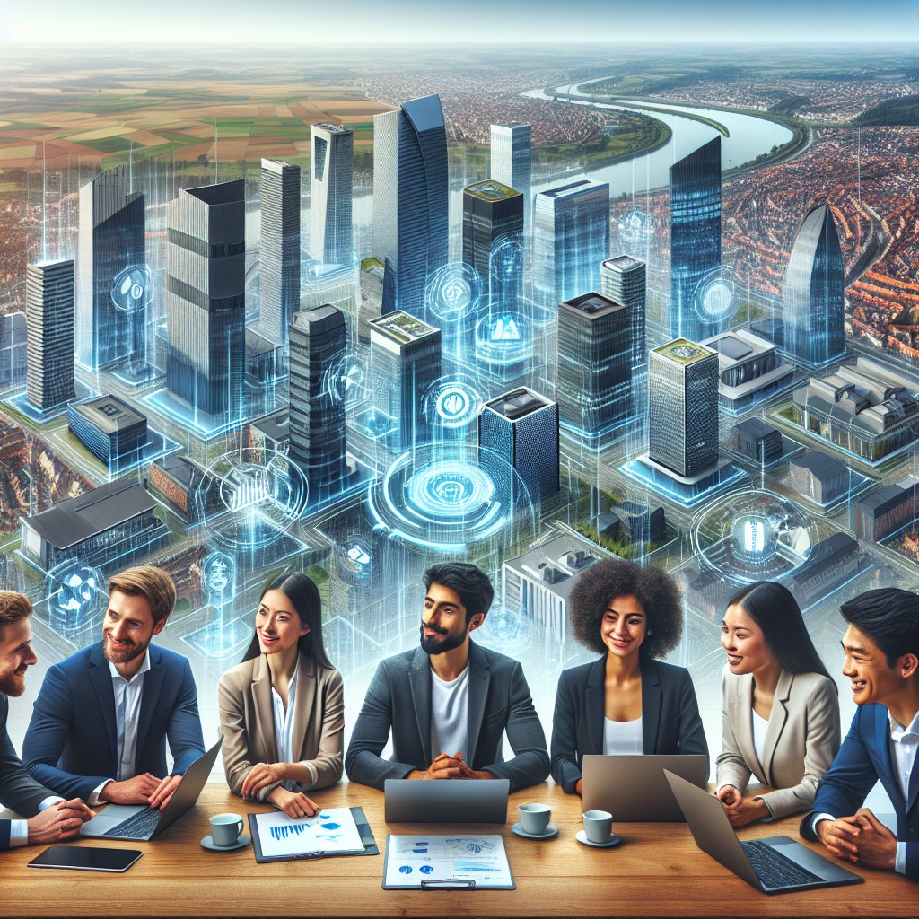Vue panoramique de la Wallonie avec divers bâtiments technologiques et jeunes entrepreneurs en réunion.