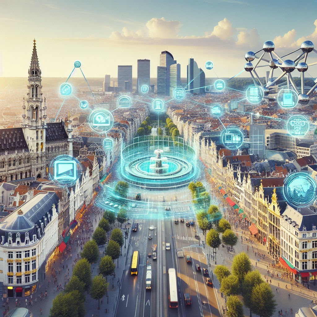 Vue panoramique de Bruxelles intégrant des éléments de réalité augmentée illustrant la révolution numérique touristique.