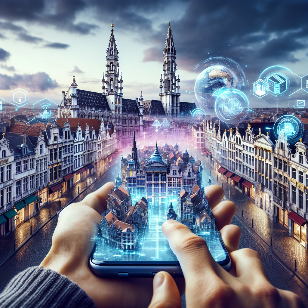 Vue panoramique de Bruxelles intégrant des exemples de technologies digitales utilisées dans le tourisme, comme une carte interactive sur smartphone et des éléments de réalité augmentée.