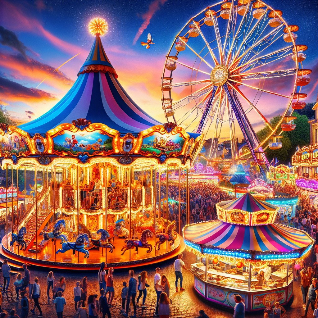Une image vibrante de manèges animés et de stands colorés à une fête foraine en Wallonie