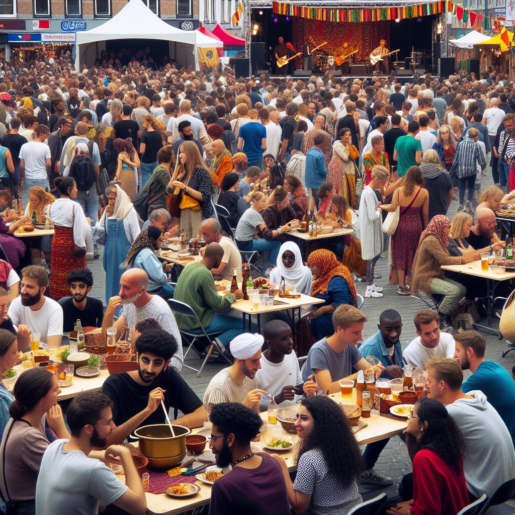 Scène animée de festival en Wallonie avec musique, culture et visiteurs