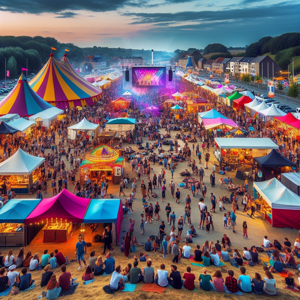 Vue panoramique d'un festival culturel en plein air en Wallonie en août, avec des visiteurs profitant de l'atmosphère festive.