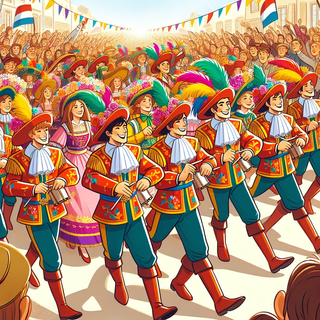Vue animée d'une parade traditionnelle lors des Fêtes de Wallonie avec des costumes colorés et une foule enthousiaste participant à des festivités vibrantes.