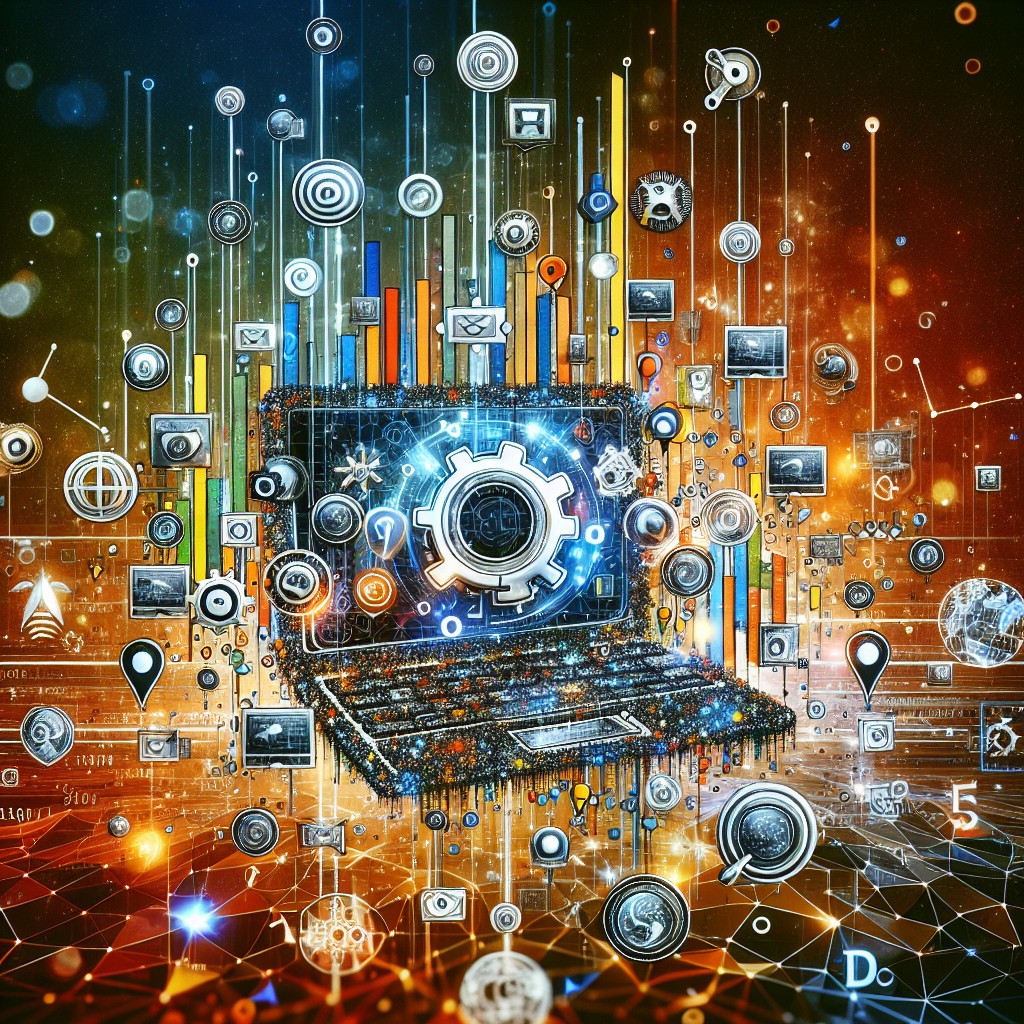 Couverture montrant une mosaïque dynamique d'icônes vidéo et symboles SEO, illustrant l'interaction entre la technologie et le référencement.