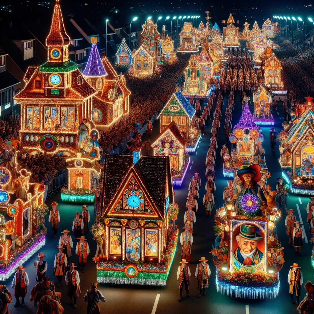 Vue de la parade nocturne illuminée des Fêtes de Wallonie à Charleroi, avec des chars décorés et des costumes traditionnels.