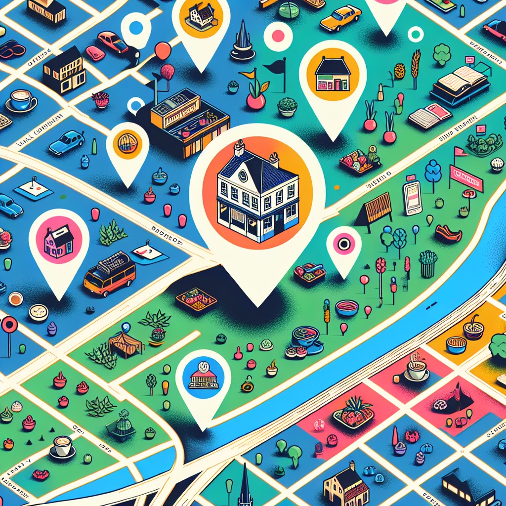 Image illustrant l'importance de la visibilité locale avec une carte et des icônes de commerces de proximité.