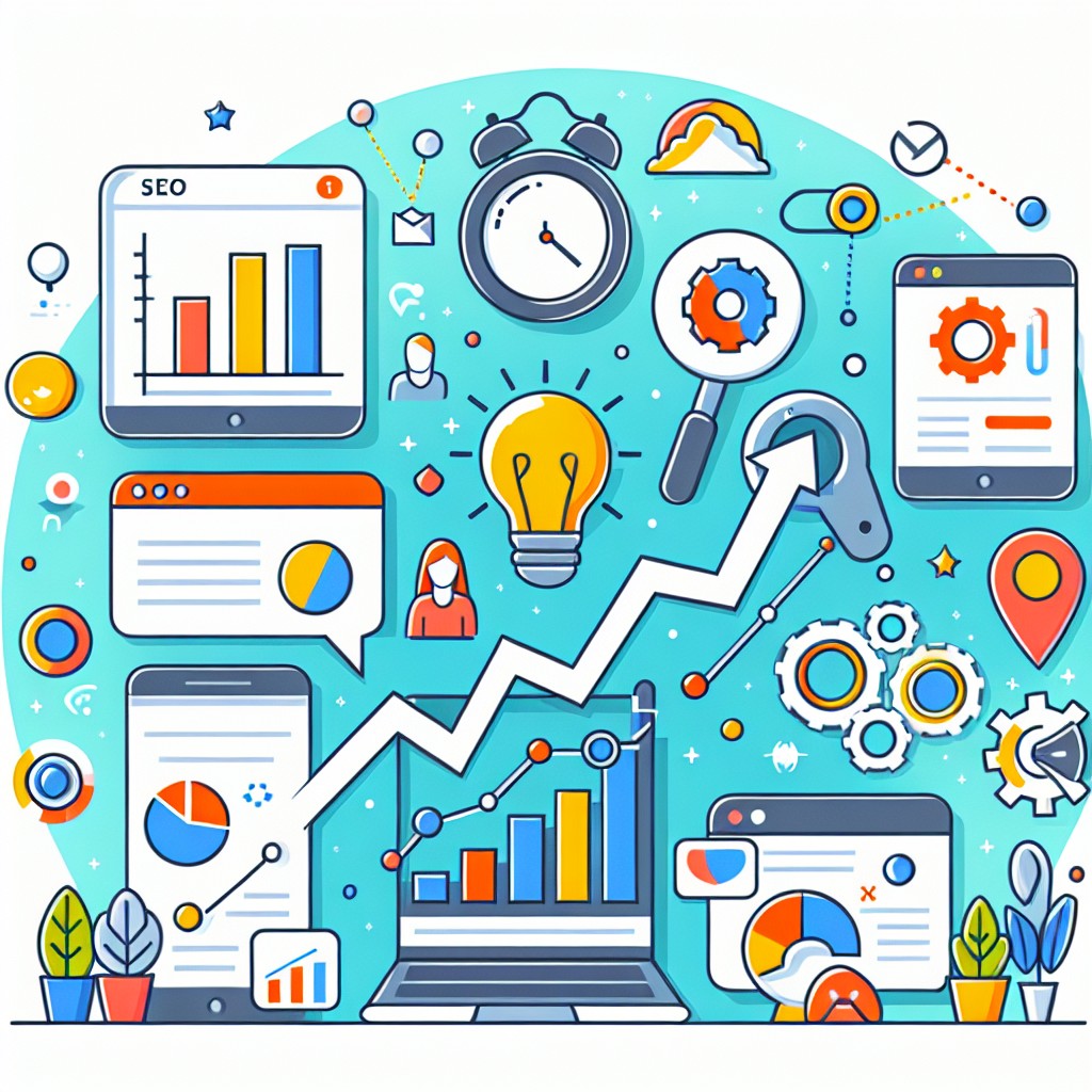 Une illustration montrant divers aspects du SEO : graphique de croissance, icônes de recherche vocale, mobile et analyse de données.