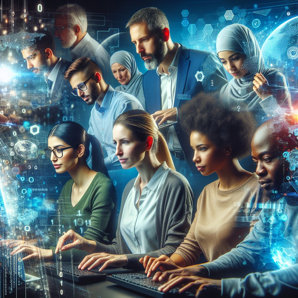 Image d'une équipe diversifiée travaillant ensemble sur des ordinateurs avec des éléments numériques en arrière-plan, symbolisant la transformation digitale.