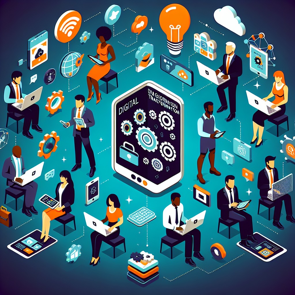 Une illustration de la transformation numérique avec des icônes de technologies modernes comme le Machine Learning et des PME interagissant avec des outils numériques.