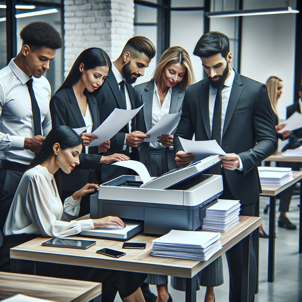 Image de couverture montrant des employés d'une entreprise numérisant des documents papier avec un scanner moderne.