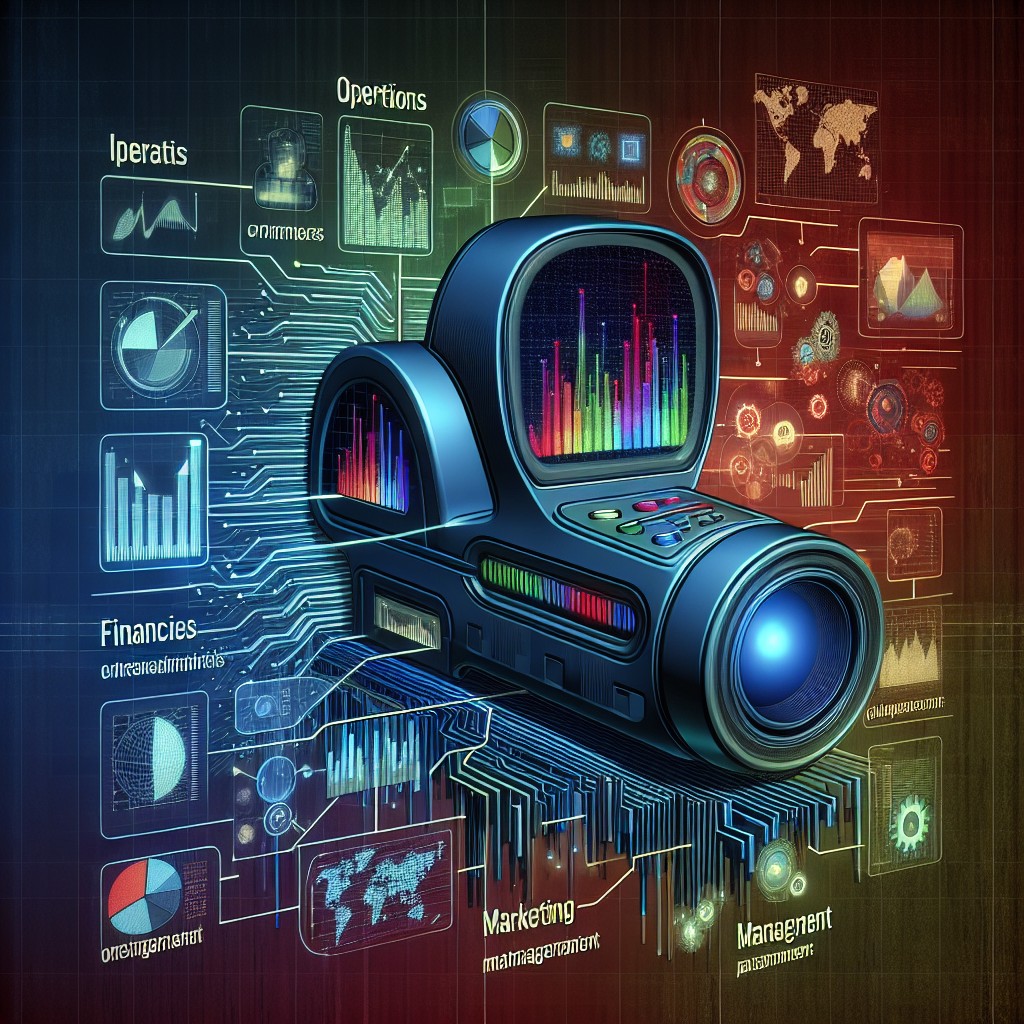Illustration d'un scanner analysant divers aspects d'une entreprise avec des graphiques et des données en arrière-plan.