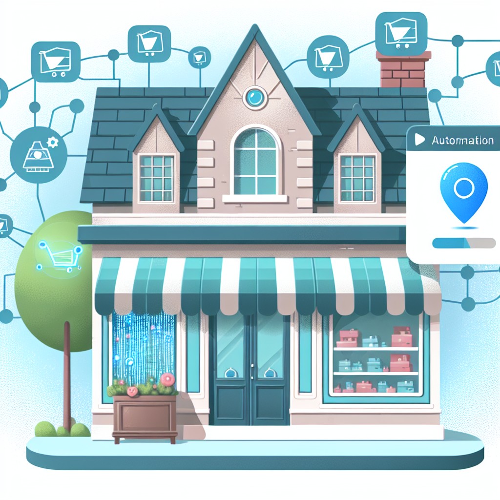 Illustration montrant une petite entreprise locale utilisant la technologie IA pour améliorer sa présence en ligne et attirer des clients.