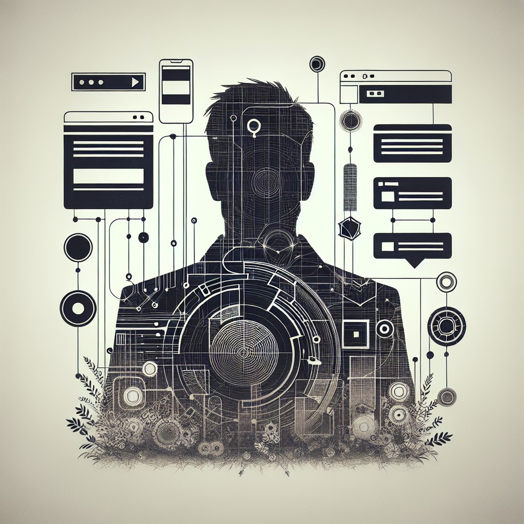 Image de couverture montrant une silhouette de site web moderne avec des éléments numériques innovants et interactifs.