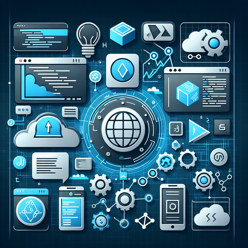 Image de couverture représentant les tendances modernes du développement web avec des icônes de Progressive Web Apps et frameworks JavaScript.