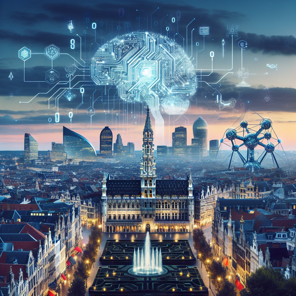 Vue panoramique de Bruxelles intégrant des éléments symbolisant l'intelligence artificielle