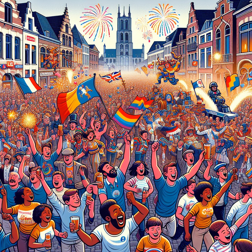 Scène festive animée à Liège lors de la Fête de Wallonie, avec défilés, feux d'artifice et foule enthousiaste.