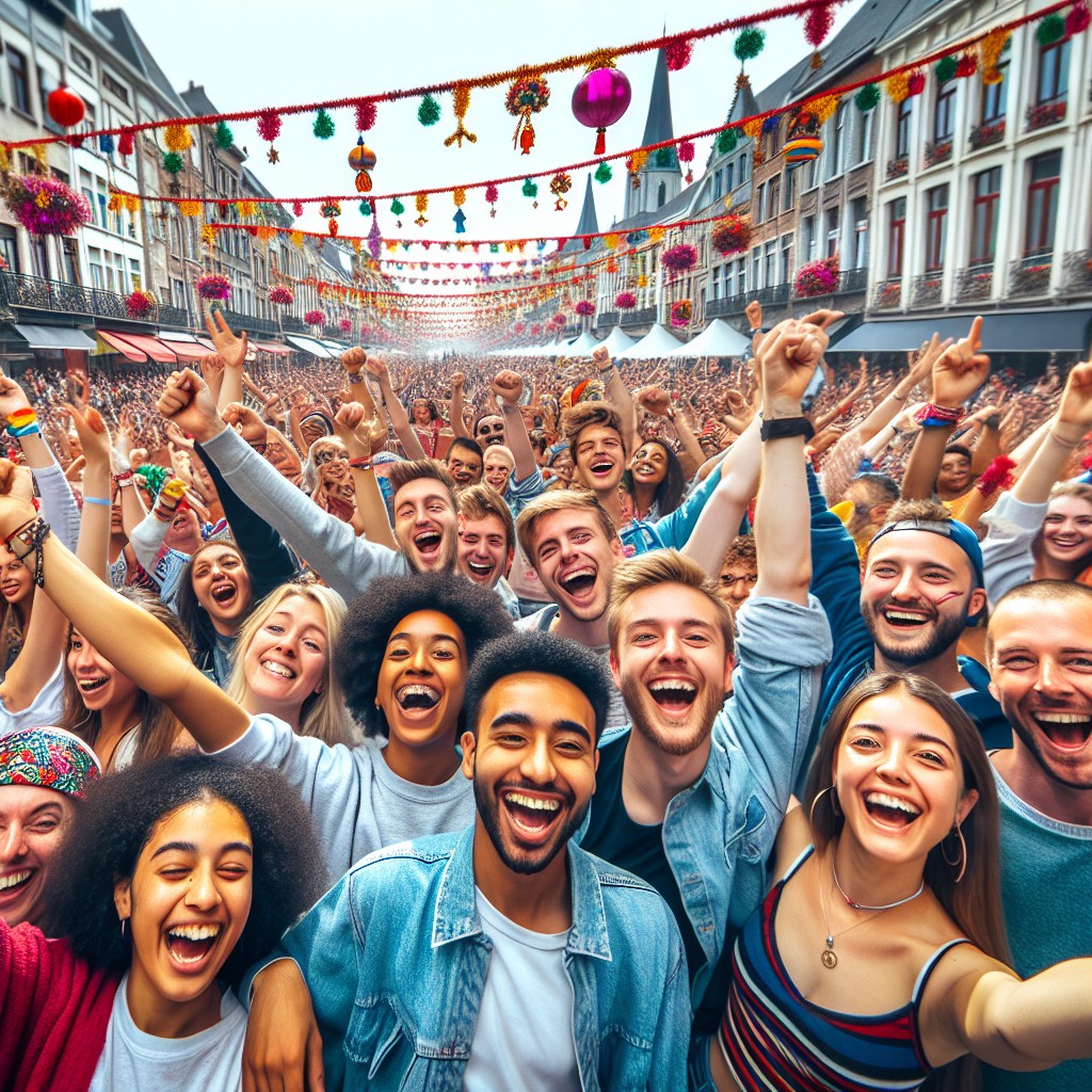 Image de couverture des Fêtes de Wallonie à La Louvière, montrant une foule joyeuse, des décorations festives et un défilé coloré.